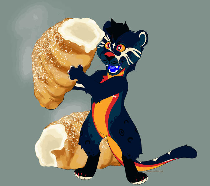 A jaguar named Percy about to eat a lobster tail pastry