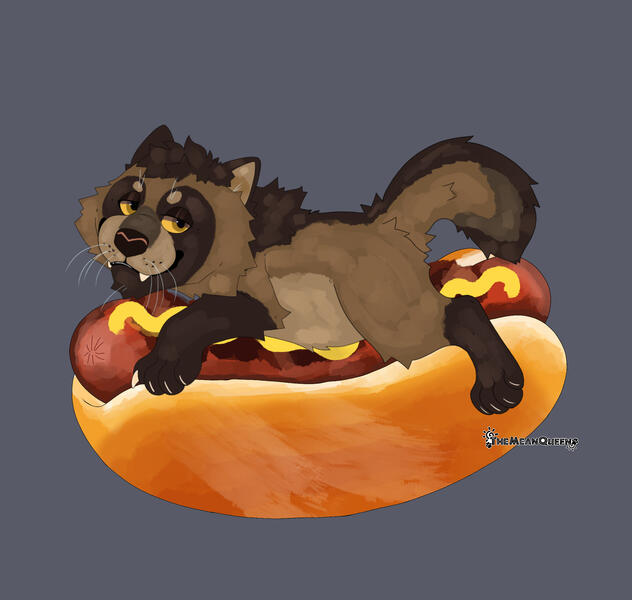 A Tanuki resting on a chili dog