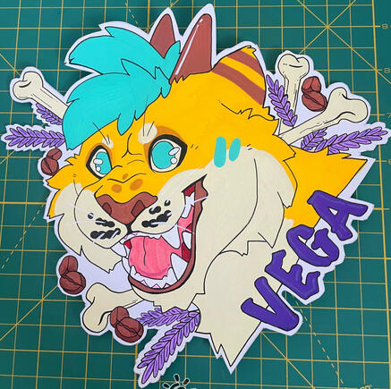 a posca badge for a manned lioness named Vega